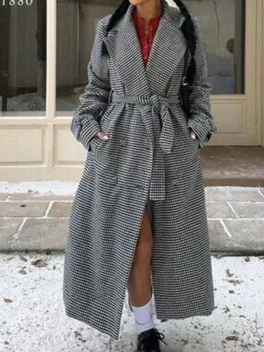 Black And White Casual Women's Houndstooth Print Belted Loose Long Coat